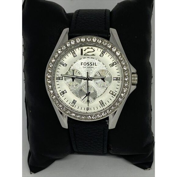 Fossil ES2203 Women's Black Leather Analog Silver Dial Quartz Wrist Watch EY731 - Picture 1 of 12